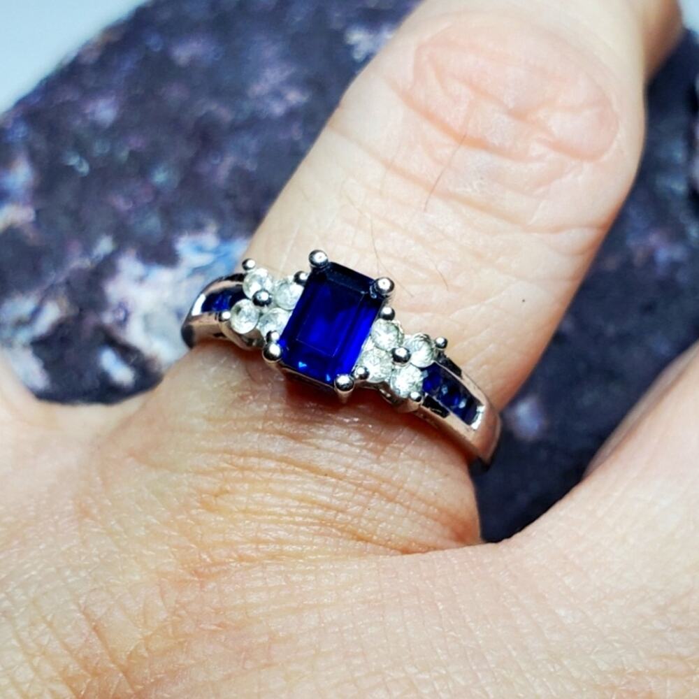 Stamped 925 Sterling Silver Deep Blue Sapphire Faux Diamond Ring